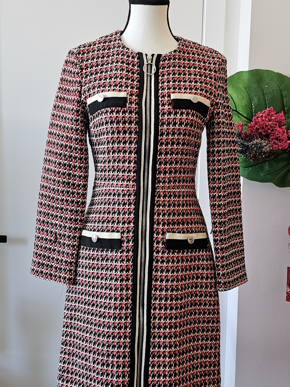 MAJE Women's Red Black Tweed Long Coat with Zip Front